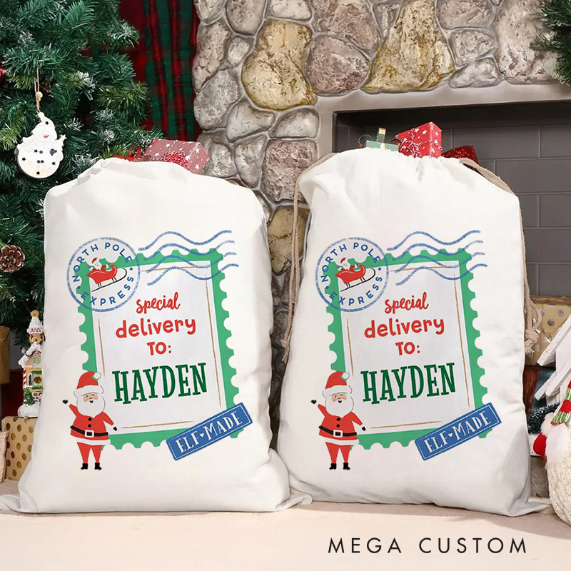 Personalized Special Delivery Christmas Bag with Elf Design and Name for a Magical Holiday Gift Experience
