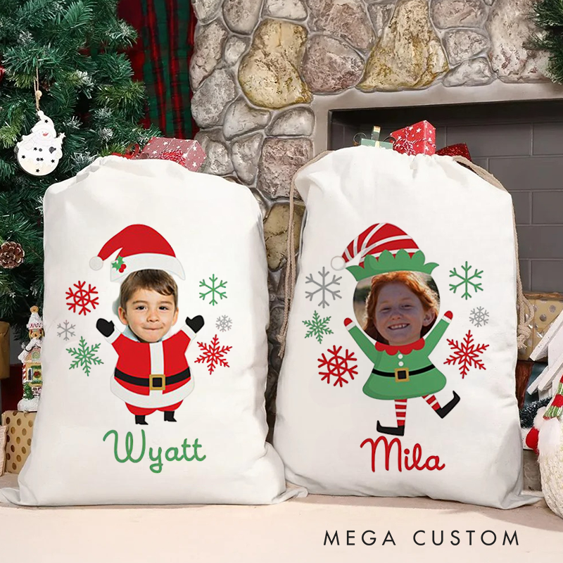 Personalized Photo Face Christmas Bag with Festive Elf Outfit and Name for a Joyful Holiday Surprise