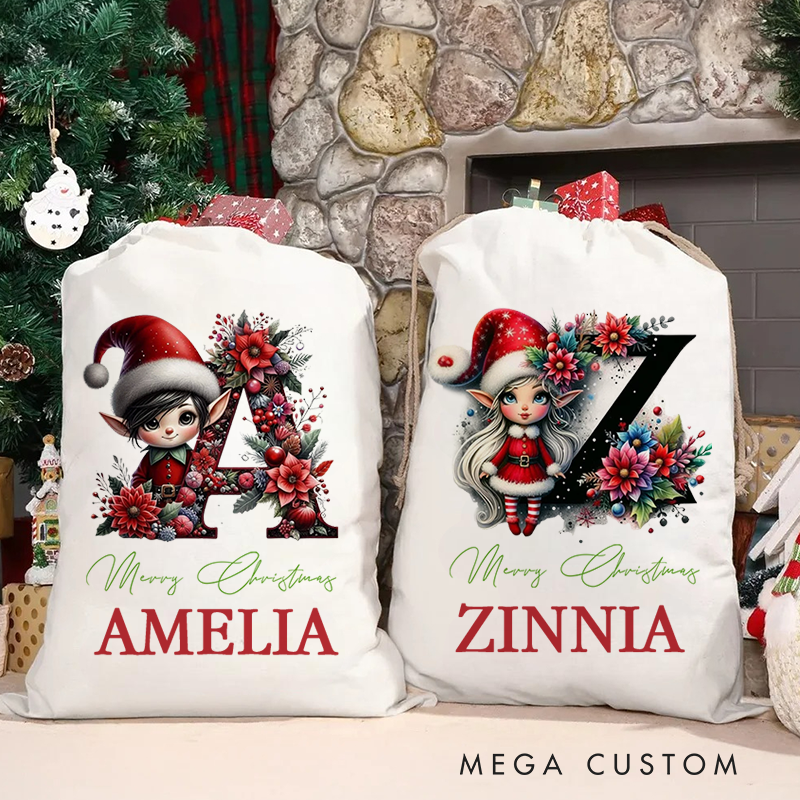 Personalized Cute Christmas Elf Floral Initial Ceramic Christmas Sack with Name Christmas Decor Gift