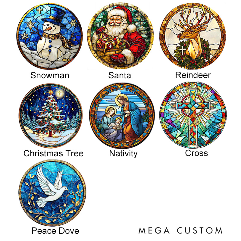 Personalized Santa Snowman Christmas Tree Cross Nativity Stained Glass Christmas Ornament with Name and Year Tree Decoration Christmas Christian Gift
