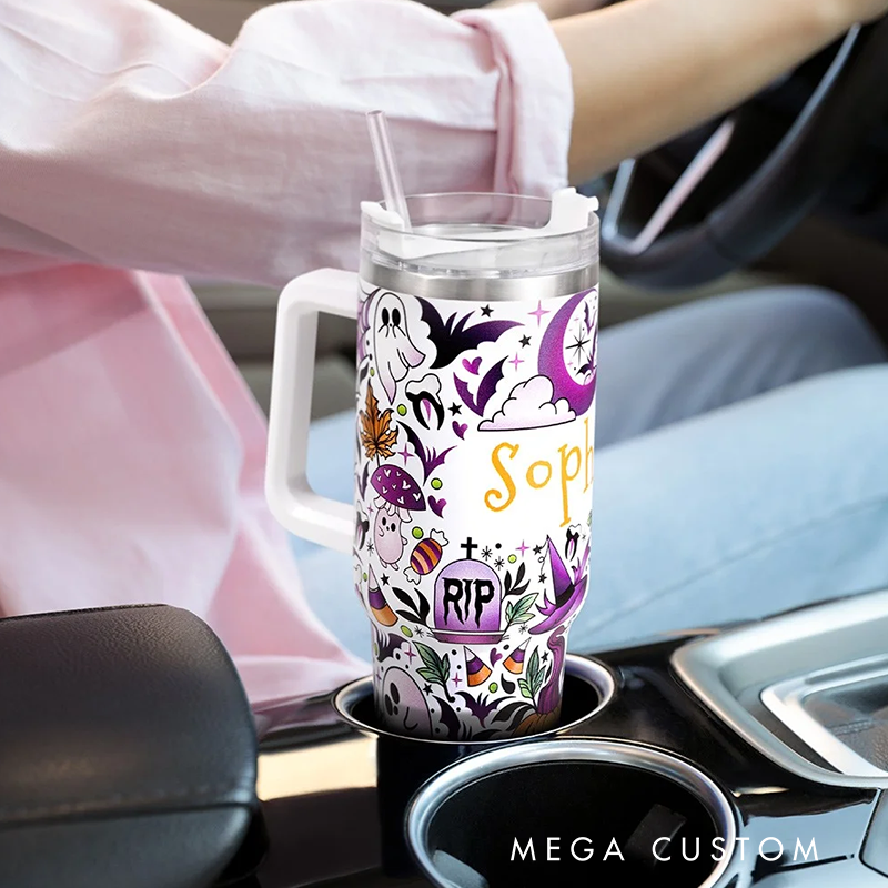 Personalized Name Halloween Ghost Pumpkin Tumbler 40oz Stainless Steel Halloween Spooky Tumbler with Lid Straw Halloween Gift