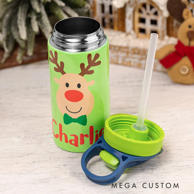 Personalized Colorful Reindeer 12oz Water Bottle with Name and Silicone Straw Birthday Christmas Gift