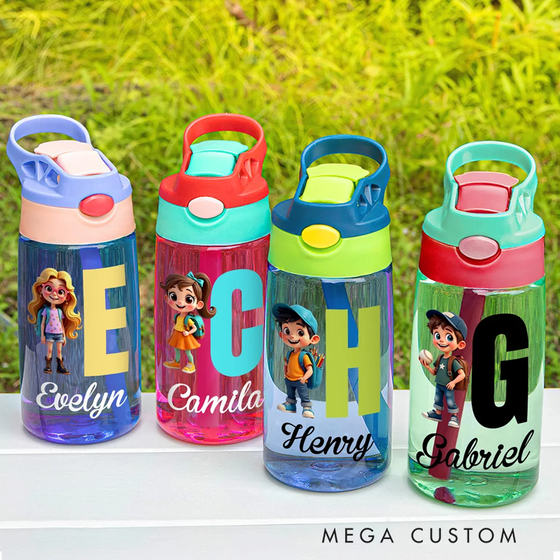 Personalized Cartoon Character 16 oz Kid Water Bottle with Name and Initial Outdoor Activities Birthday Christmas Back to School Gift 