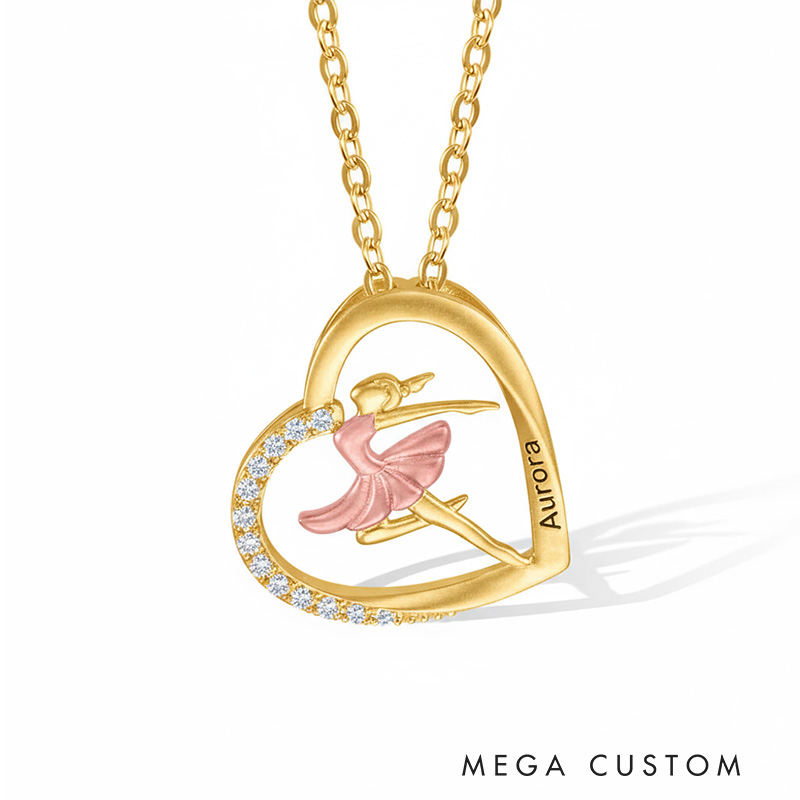 Personalized Ballet Dancing Girl Necklace Engraved Name Heart Pendant Jewelry Gift for Ballerina Dancer Dance Lovers
