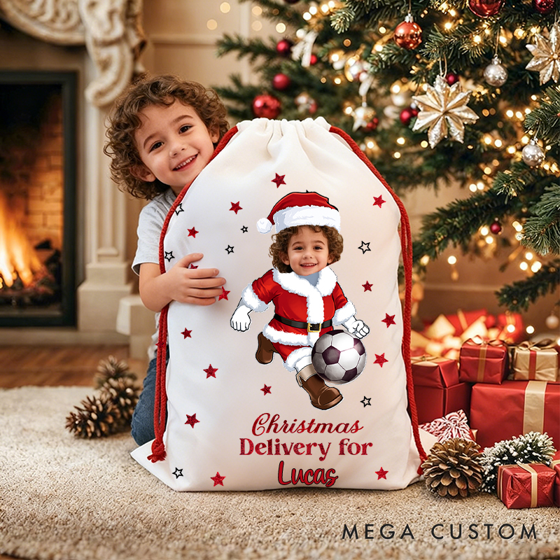Personalized Santa Playing Sports Christmas Sack with Custom Name and Unique Photo