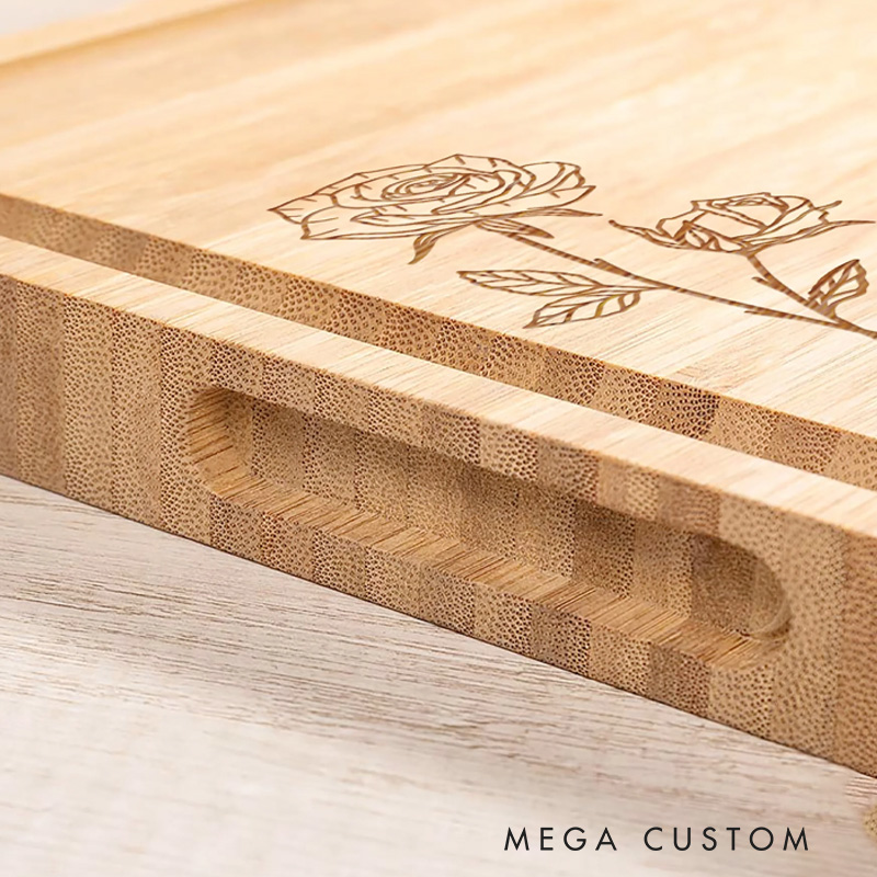 Personalized Line Style Birth Flower Cutting Board for Bakers Bamboo Charcuterie Serving Tray Thanksgiving Bread Board for Baking Lover Gift