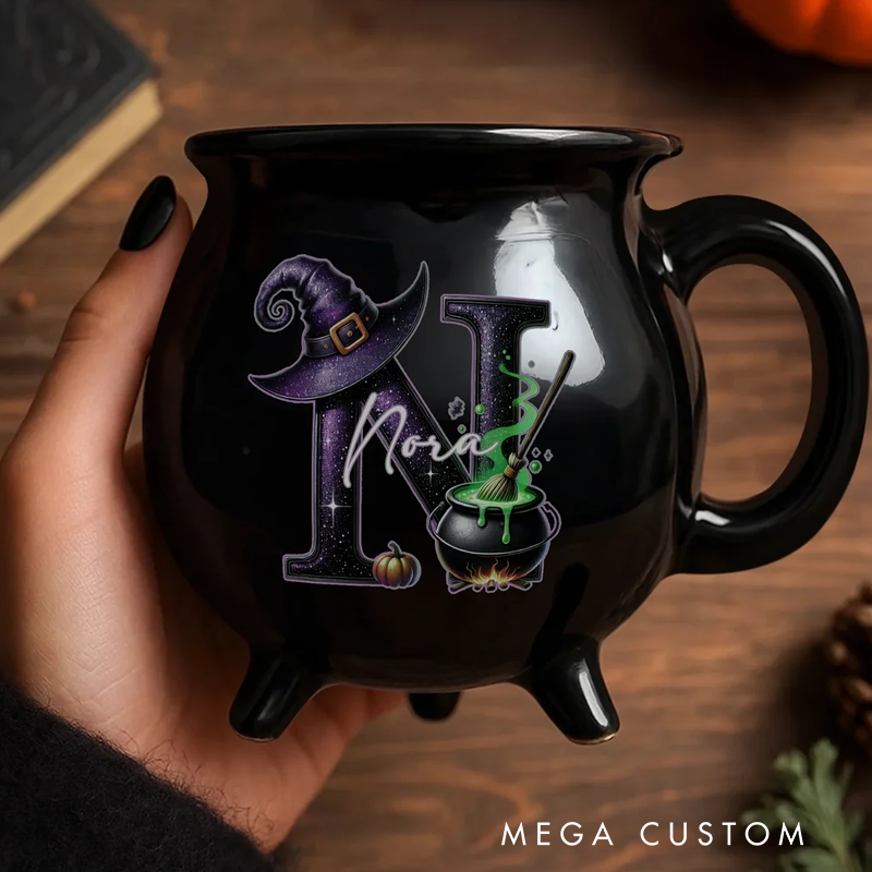 Personalized Magic Pot and Witch Hat Glitter Initial Black Cauldron Ceramic Coffee Mug with Name Trick or Treat Halloween Party Gift