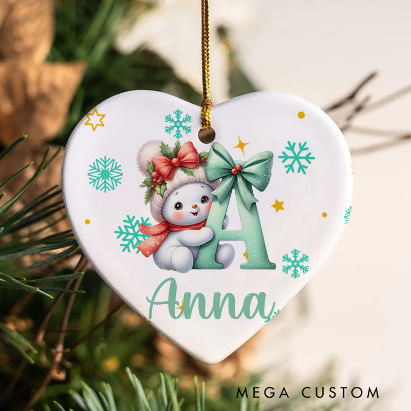 Personalized Cute Cartoon Santa Hat Snowman Initial Ceramic Christmas Ornament with Name Christmas Gift