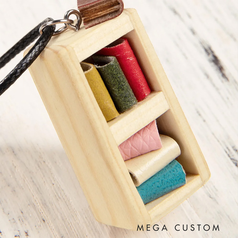 Personalized Handmade Miniature Bordeaux Bookshelf Necklace with Name Wooden Necklace with Name and Leather Books Gift for Bookworms Book Lovers Gift