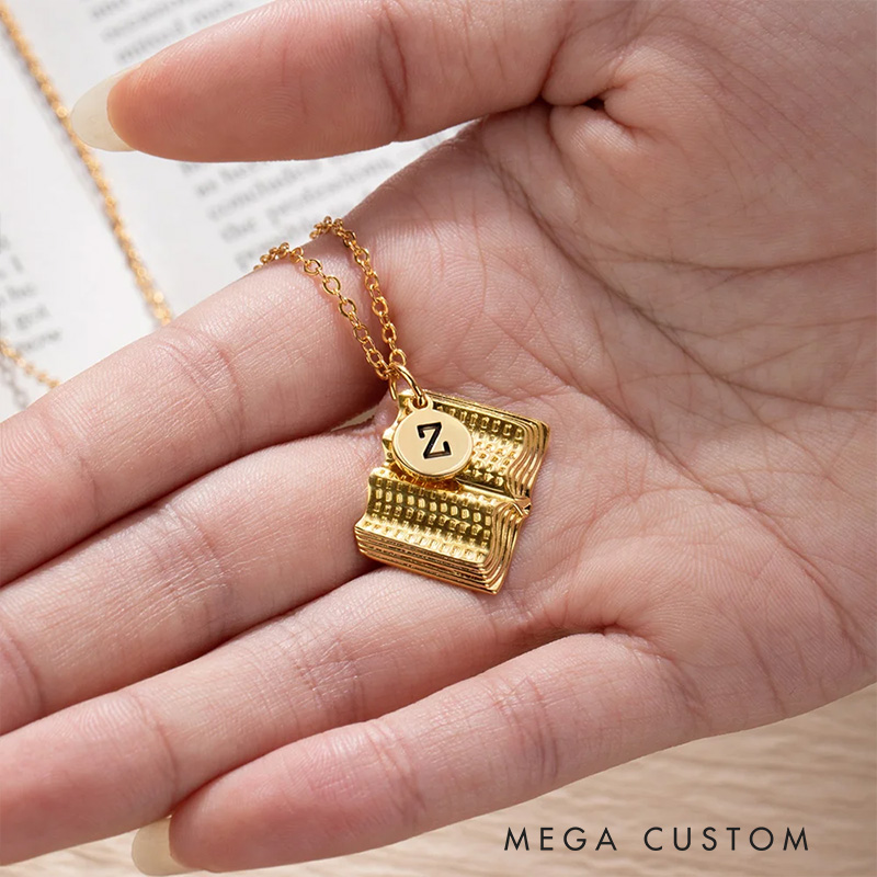 Personalized Book Charm Necklace with Engraved Letter Birthday Gift for Book Lovers Writer Gift