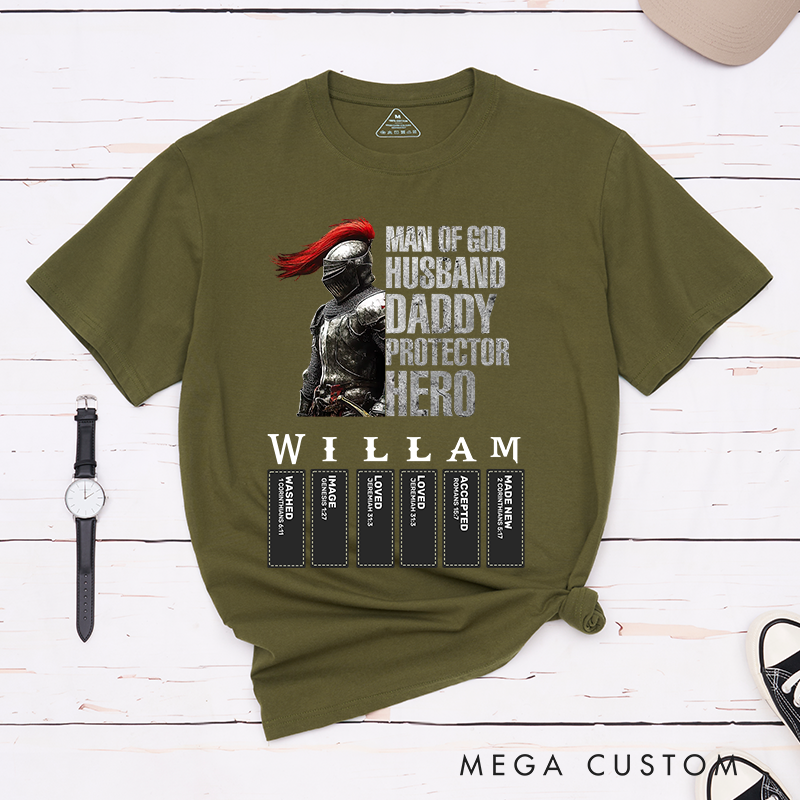 Personalized Man of God Husband Daddy Protector Hero Classic T-Shirt with Name Cotton Shirt Religious Gift for Christian Men