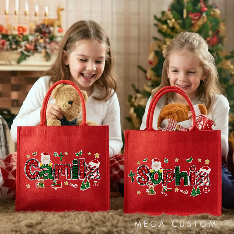 Personalized Cross Santa Claus Christmas Theme Alphabet Large Jute Tote Bag with Name Religious Christmas Festival Party Gift for Kids Family Friends