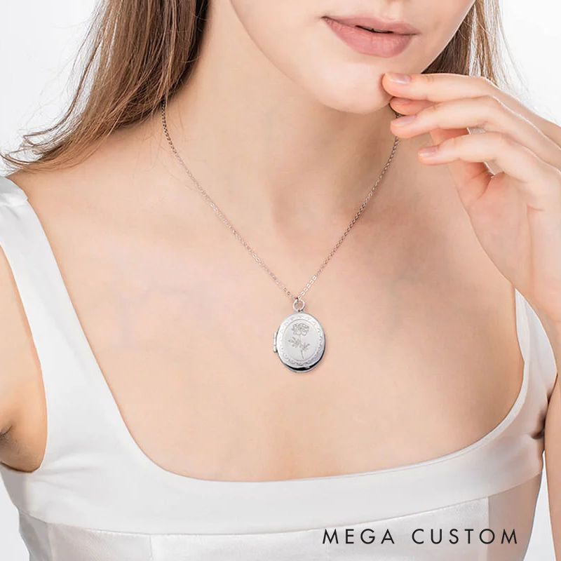 Personalized Engraved Birth Flower Locket Necklace with Photo and Initial Mother's Day Birthday Gift for Women Gardening Lovers