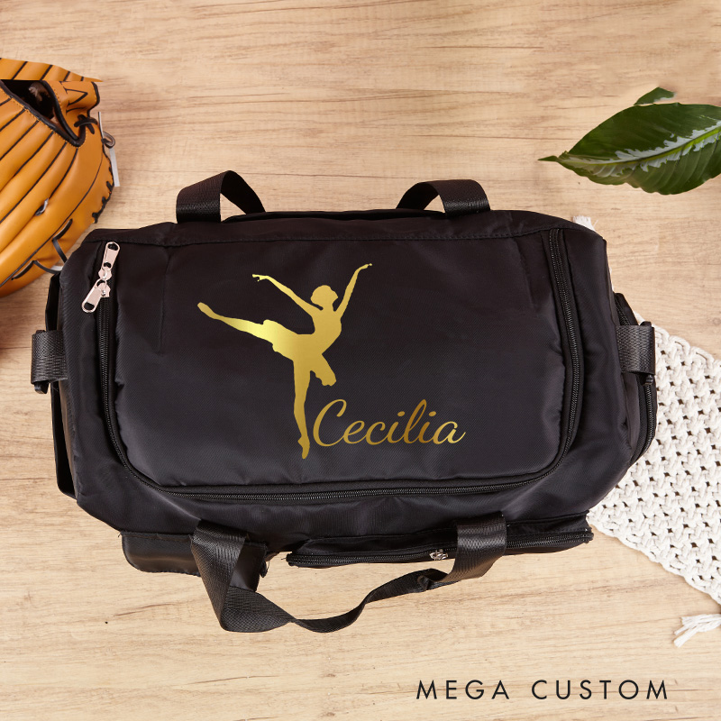 Personalized Ballet Silhouette Name Waterproof Large Travel Duffle Bag Dance Bag with Shoe Compartment and Shoulder Strap for Dance Lover