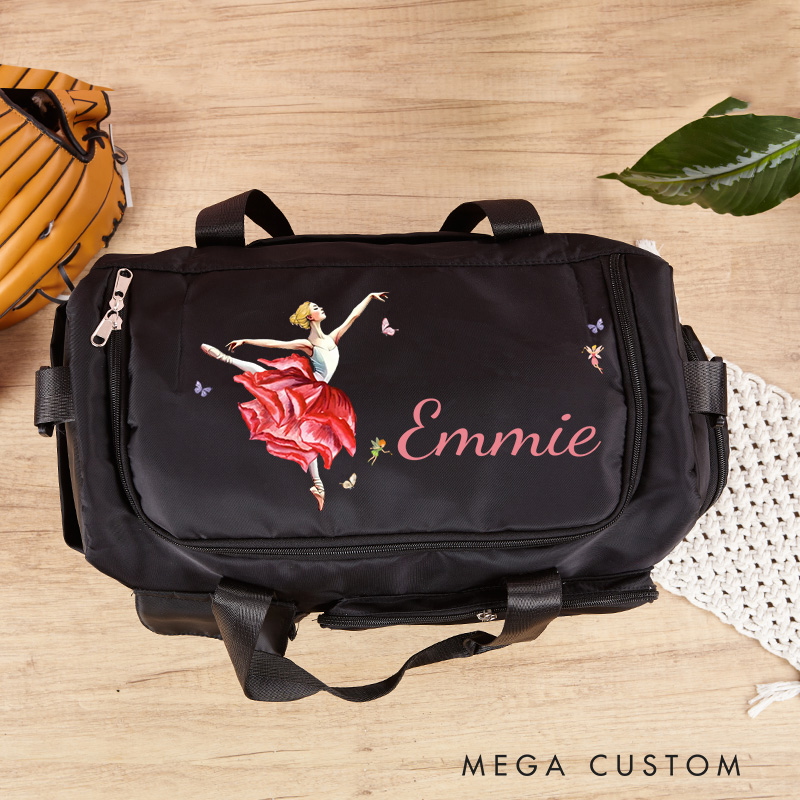 Personalized Ballet Girl Birth Flower Butterfly Waterproof Large Travel Duffle Bag Dance Bag with Shoe Compartment and Shoulder Strap for Dance Lover