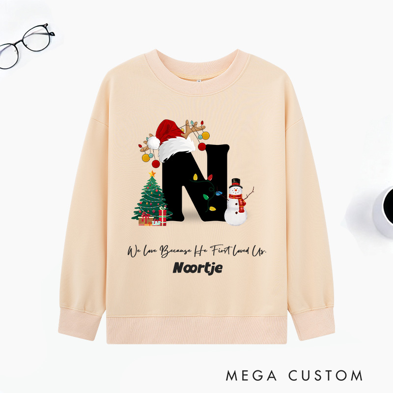Personalized God’s Love Christmas Trees Snowmen Multicolor Classic Sweatshirt with Initial and Name Religious Christmas Gift for Couple Family Friends