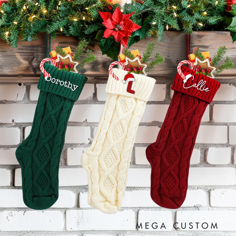 Personalized Knitted Christmas Stocking with Embroidery Name Letter Fireplace Christmas Tree Decor Hanging Ornament Gift