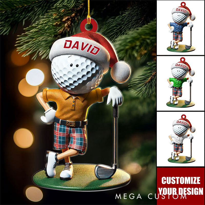 Personalized 3D Acrylic Golf Ornament with Santa Hat and Custom Name  