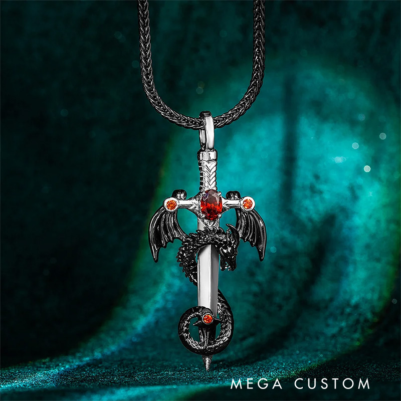 Personalized Wing Dragon Wrapped Sword Necklace with Birthstone Gothic Pendant Jewelry Birthday Gift for Rock Punk Lovers Book Lovers Gift