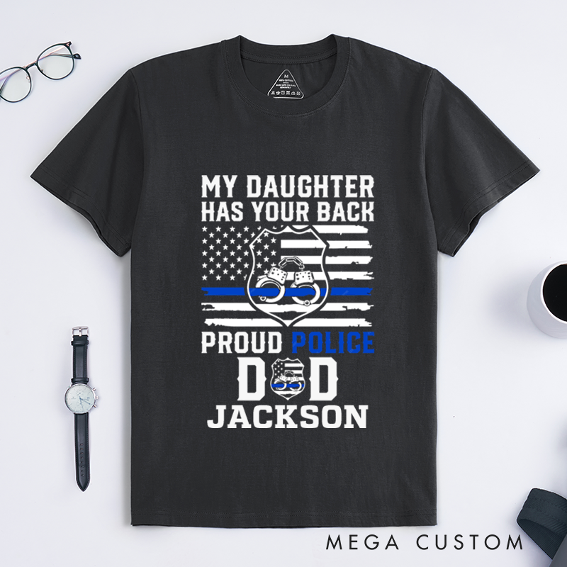 Personalized Proud Police Dad T-Shirt with Thin Blue Line Flag and Handcuff Design Gift for Fathers of Officers