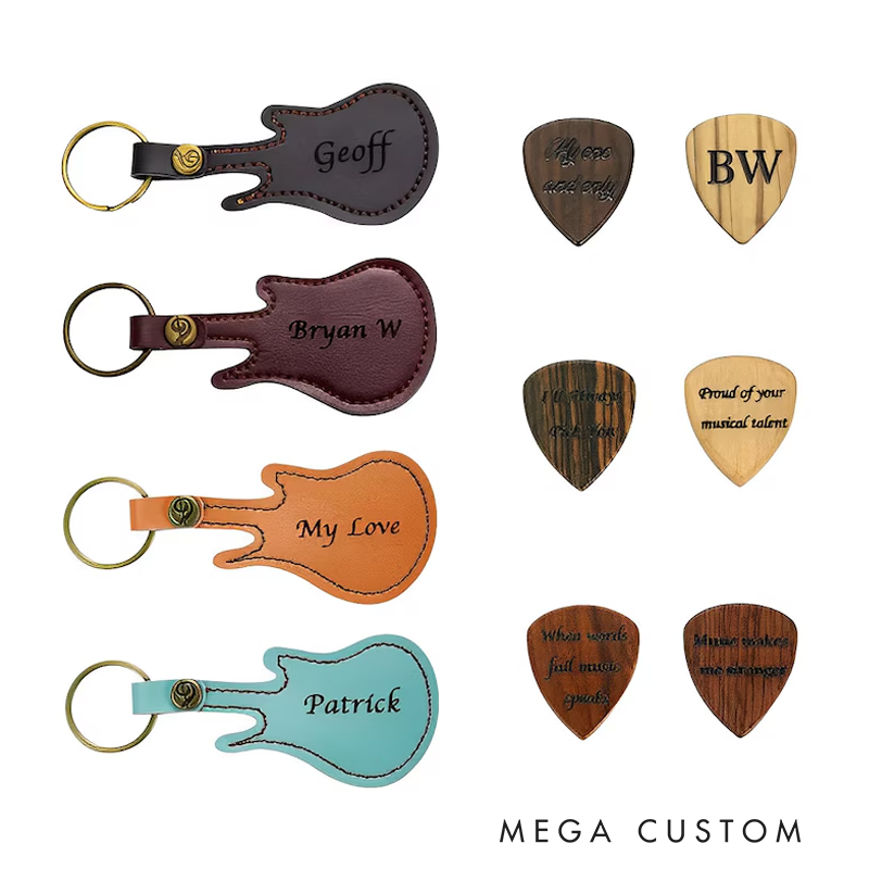 Personalized Name Guitar Leather Keyring Guitar Pick Holder Custom Guitar Pick in Guitar Shaped Leather Keyring Gift for Guitarist