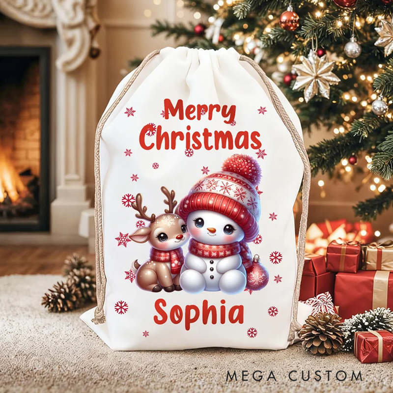 Personalized Merry Christmas Cute Snowman Drawstring Canvas Gift Bag with Name Christmas Party Gift for Kids Family