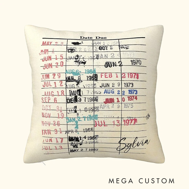 Personalized Date Due Card Cushion Throw Pillow with Name Retro Library Pillow Cover Gifts for Book Lovers Readers