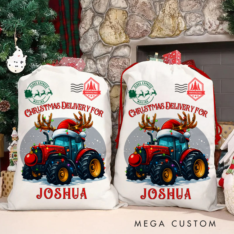 Personalized Festive Tractor Christmas Bag with Reindeer Antlers and Name for a Joyful Holiday Delivery