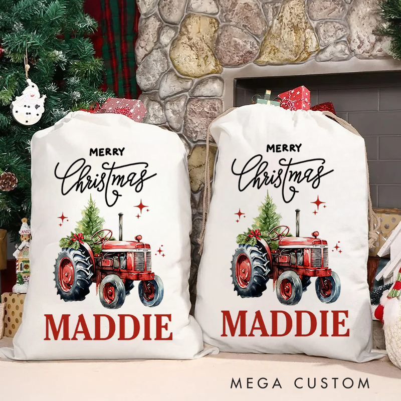 Personalized Merry Christmas Truck Drawstring Canvas Gift Bag with Name Christmas Party Gift for Kids Family