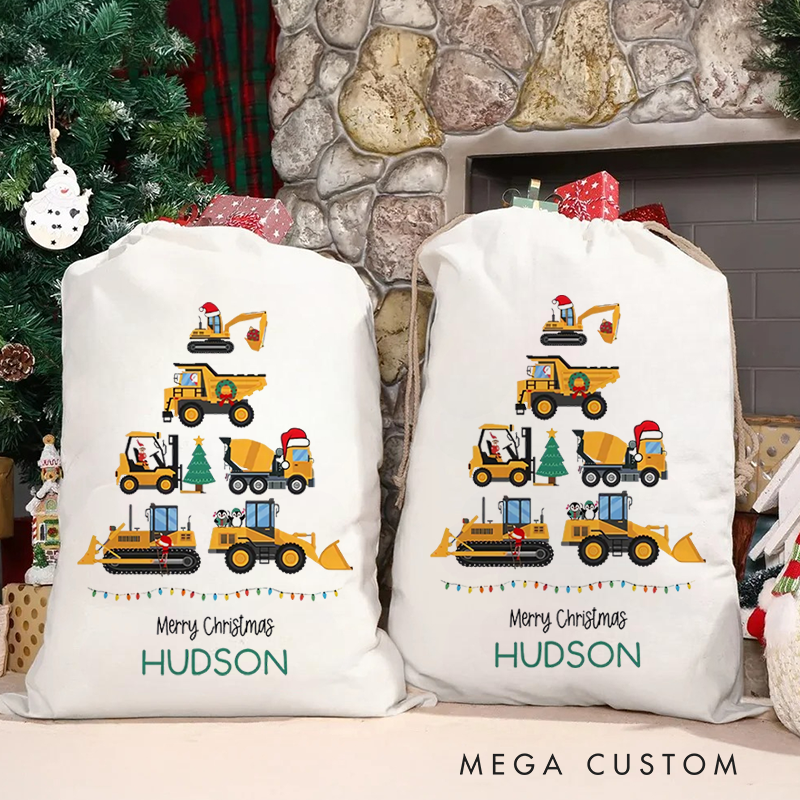 Personalized Merry Christmas Tractor Drawstring Canvas Gift Bag with Name Christmas Party Gift for Kids Family