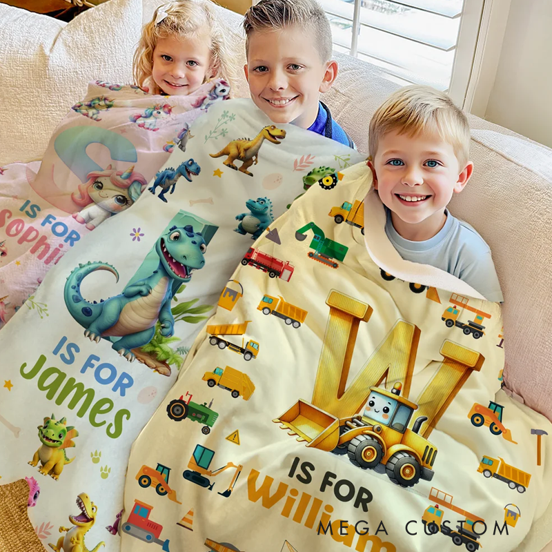 Personalized Fantasy Unicorn Excavator Dinosaur Soft Throw Blanket with Name and Initial Room Decor Birthday Anniversary Gift for Boys Girls