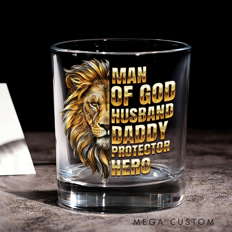 Personalized Man of God Lion Protector Hero 10.5 oz Old Fashioned Rock Whiskey Glass with Name and Bible Verse Religious Gift for Men Husband Daddy