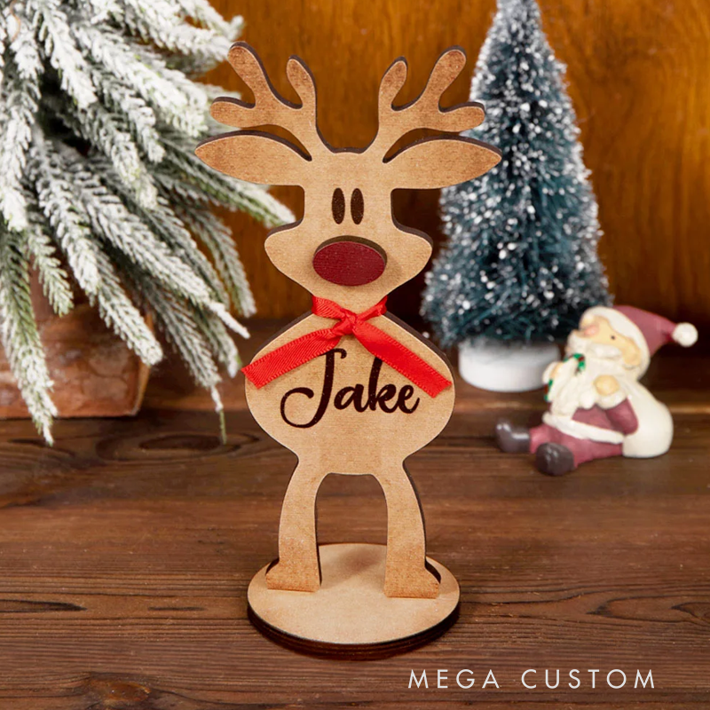 Personalisiertes Holz-Rentier mit Roter Nase und Schleife Tischdeko mit Namen Weihnachtsdeko Party Weihnachtsgeschenk für Familie Kinder