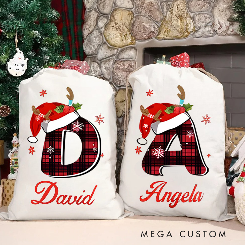 Personalized Plaid Initial Christmas Bag with Festive Santa Hat and Custom Name for Holiday Gift Giving