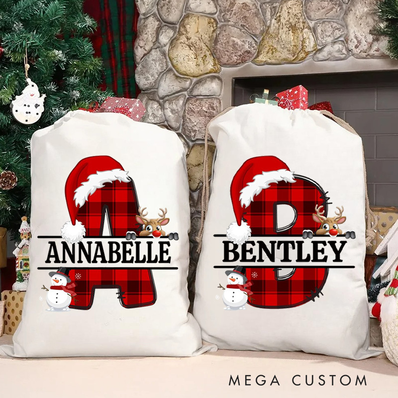 Personalized Plaid Initial Christmas Bag with Santa Hat Reindeer and Snowman Accents for Holiday Joy