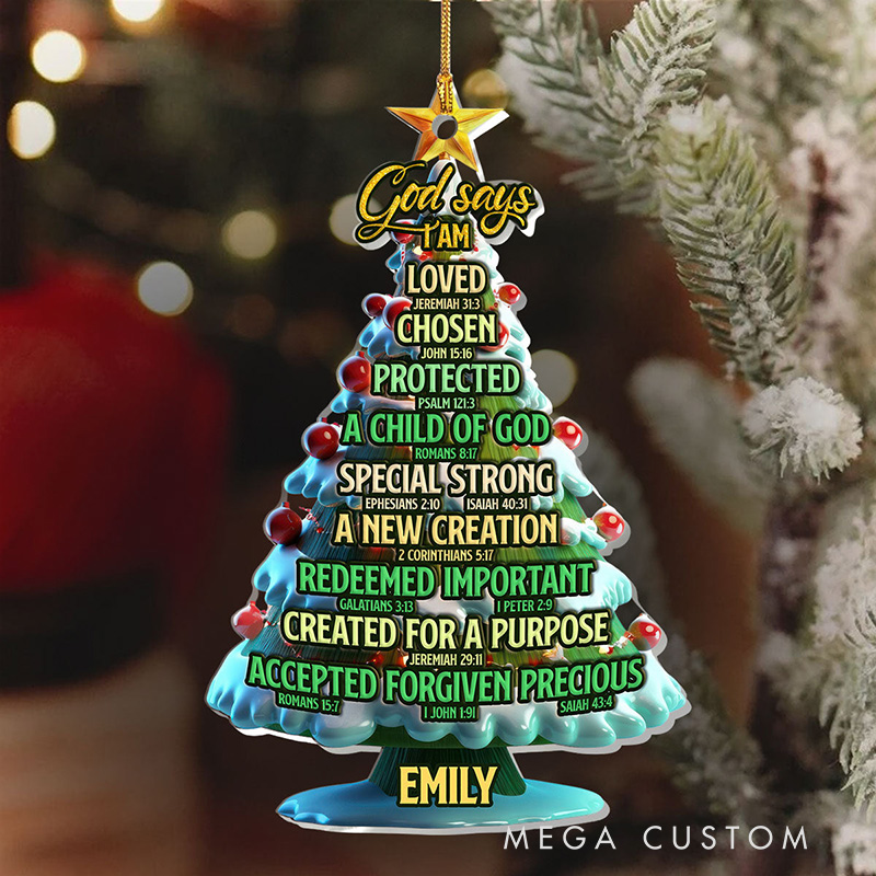 Personalized God Says I am Bible Verses Christmas Tree Acrylic Ornament with Name Holiday Tree Decor Christmas Gift for Christian