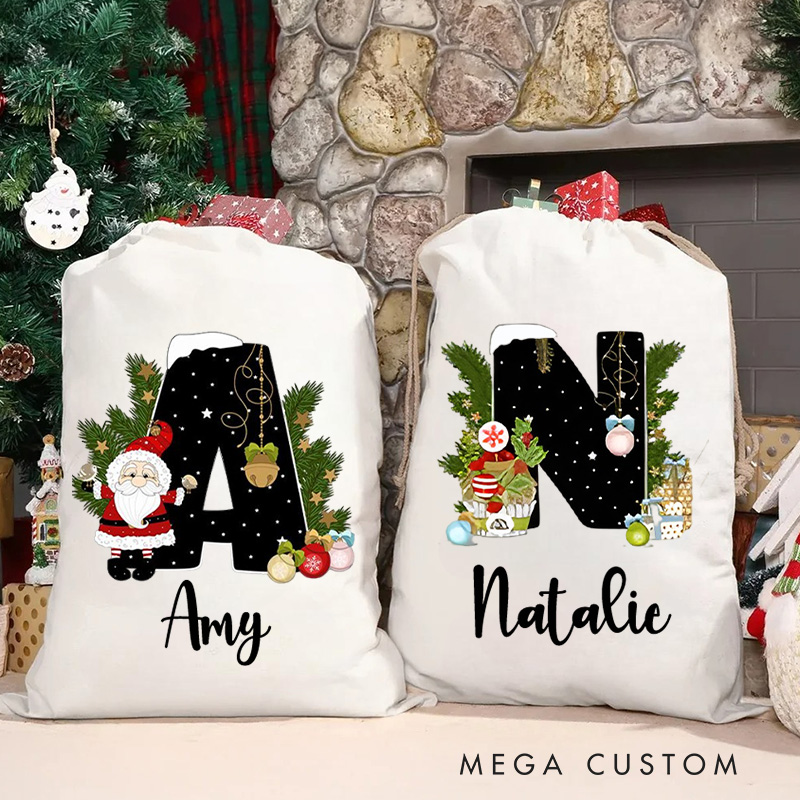 Personalized Elegant Initial Christmas Bag with Festive Decorations and Custom Name for Holiday Gift Giving