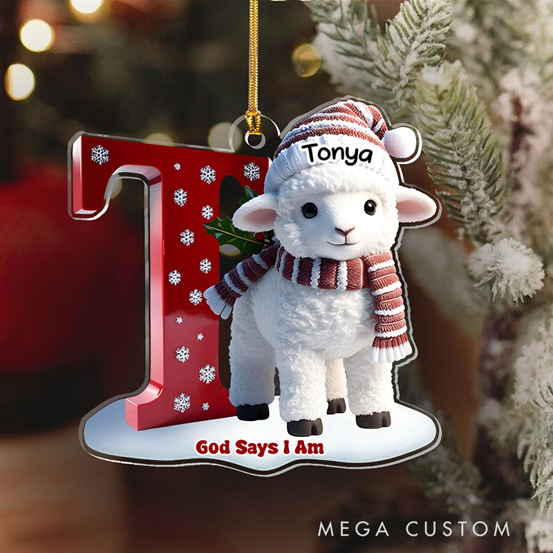Personalized God Says I am Lamb Acrylic Ornament with Name and Initial Holiday Tree Decor Christmas Gift for Christian
