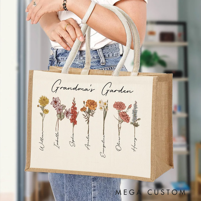 Personalized Birth Flowers Garden Jute Tote Bag with Names Birthday Mother's Day Gift for Woman Gardening Lovers Gift 