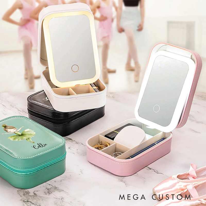 Personalized Cartoon Ballerina Girl Leather Jewelry Box with LED Makeup Mirror Hair Pin Case Birthday Wedding Gift for Women