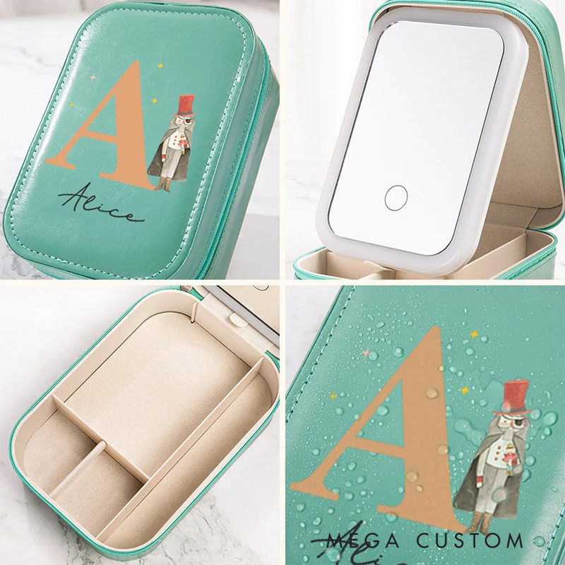 Personalized Classic Fairy Tale Character Leather Jewelry Box with LED Makeup Mirror Hair Pin Case Birthday Wedding Gift for Women