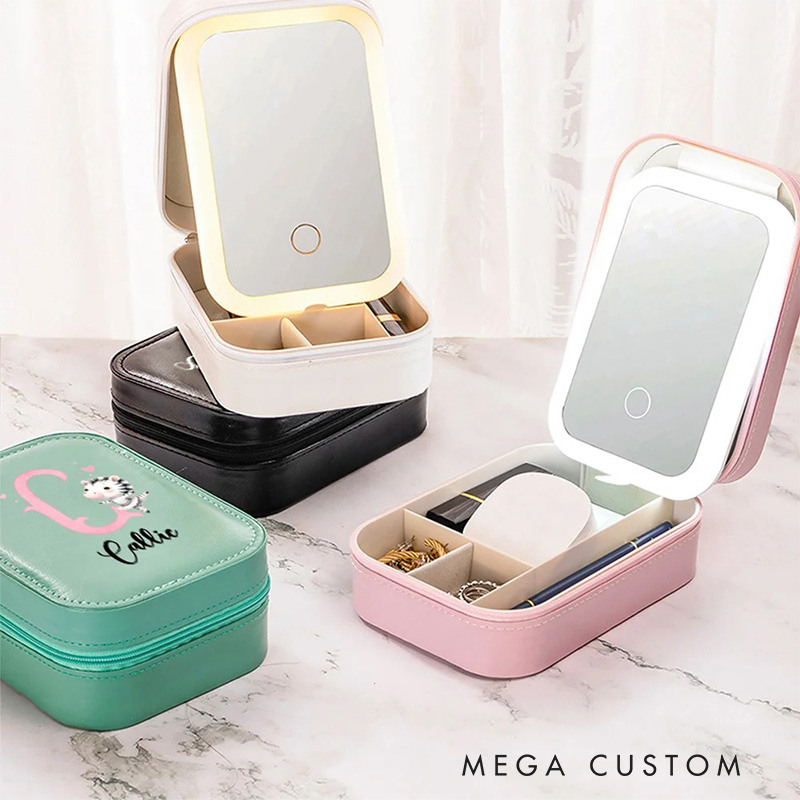 Personalized Cute Animal Ballerina Leather Jewelry Box with LED Makeup Mirror Hair Pin Case Birthday Wedding Gift for Women