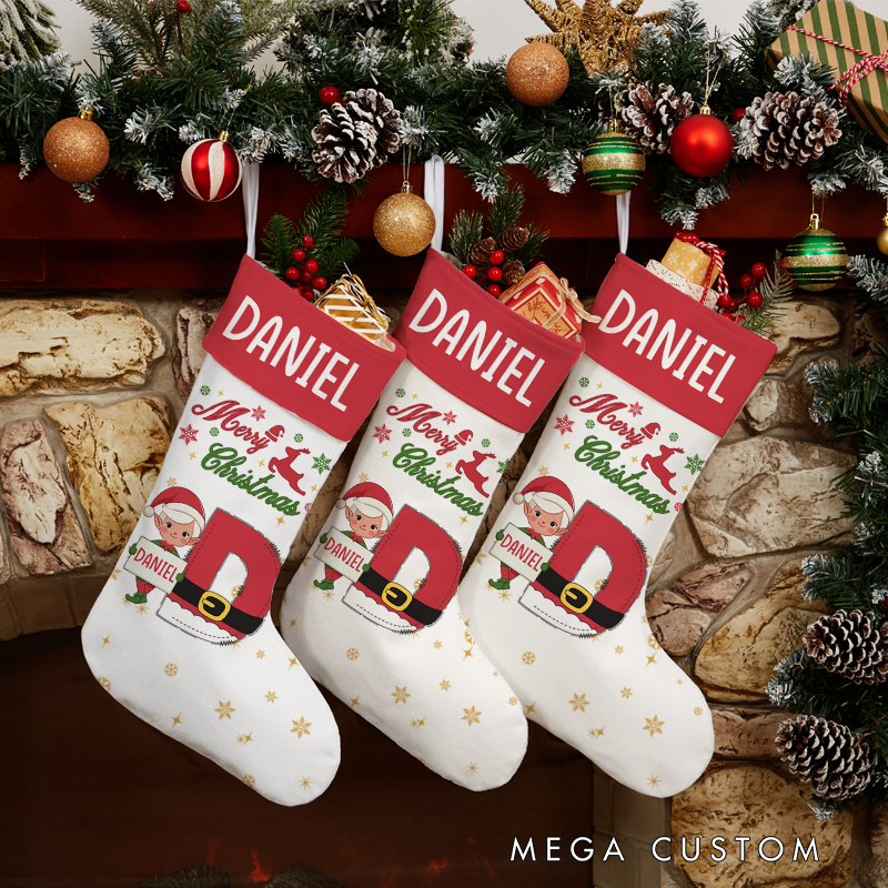 Personalized Christmas Elf Christmas Stocking with Name and Initial Christmas Party Gift