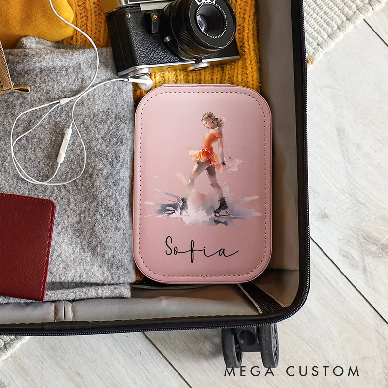 Personalized Cartoon Skating Girl Leather Jewelry Box with LED Makeup Mirror Hair Pin Case Birthday Wedding Gift for Women