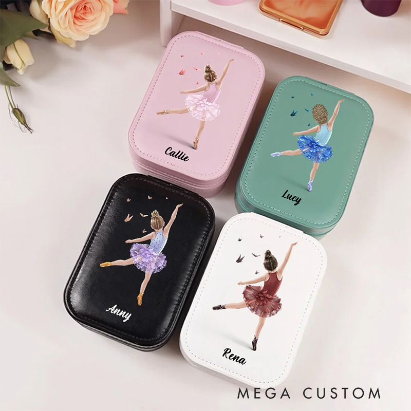 Personalized Cartoon Ballet Girl Leather Jewelry Box with LED Makeup Mirror Hair Pin Case Birthday Wedding Gift for Women
