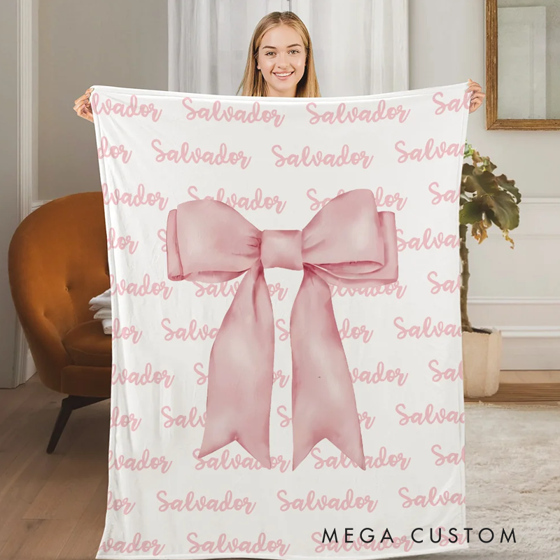 Personalized Girly Pink Coquette Bow Soft Throw Blanket with Repeating Names Trendy Home Decor Birthday Gift for Women Girls