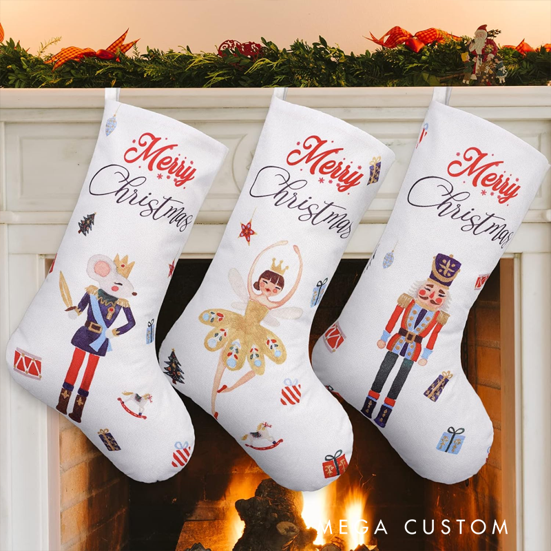 Personalized Large Nutcracker Christmas Stocking Hanging Stocking Rustic Vintage Watercolor Favor Treat Stocking Gift Bag for Kids Fireplace Xmas Tree Indoor Party Decoration