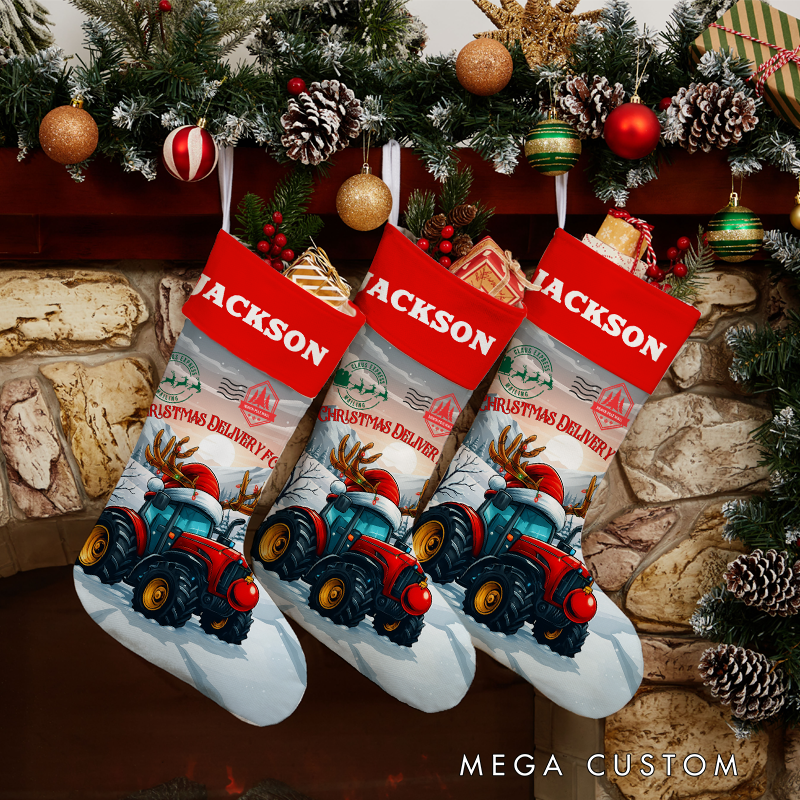 Personalized Festive Tractor and Reindeer Christmas Stocking with Custom Name for Holiday Cheer