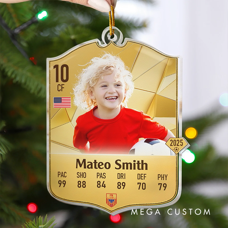 Personalized Soccer Card Acrylic Christmas Ornament with Custom Photo, Name, and Stats Design