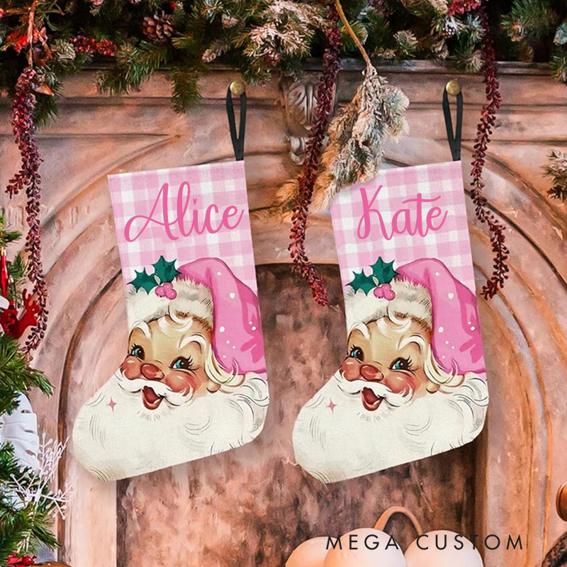 Personalized Pink Santa Christmas Stocking Pink Christmas Decorations Stockings Vintage Pink Santa Decor Christmas Xmas Hanging Stockings for Women Girls Christmas Stocking Gifts for Girls Women Daughter